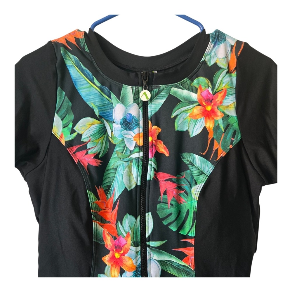 Next Womens XL Black Tropical Floral Short Sleeve One Piece Rash Guard Swimsuit